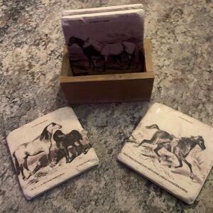 Creative Co-Op Ceramic Coaster Set with wooden holder